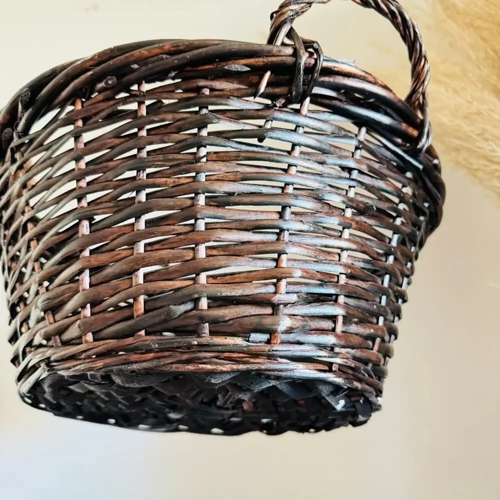 VINTAGE Brown Wood Wicker Woven Low Basket Accent Decor Vase Handles Y2K 90s